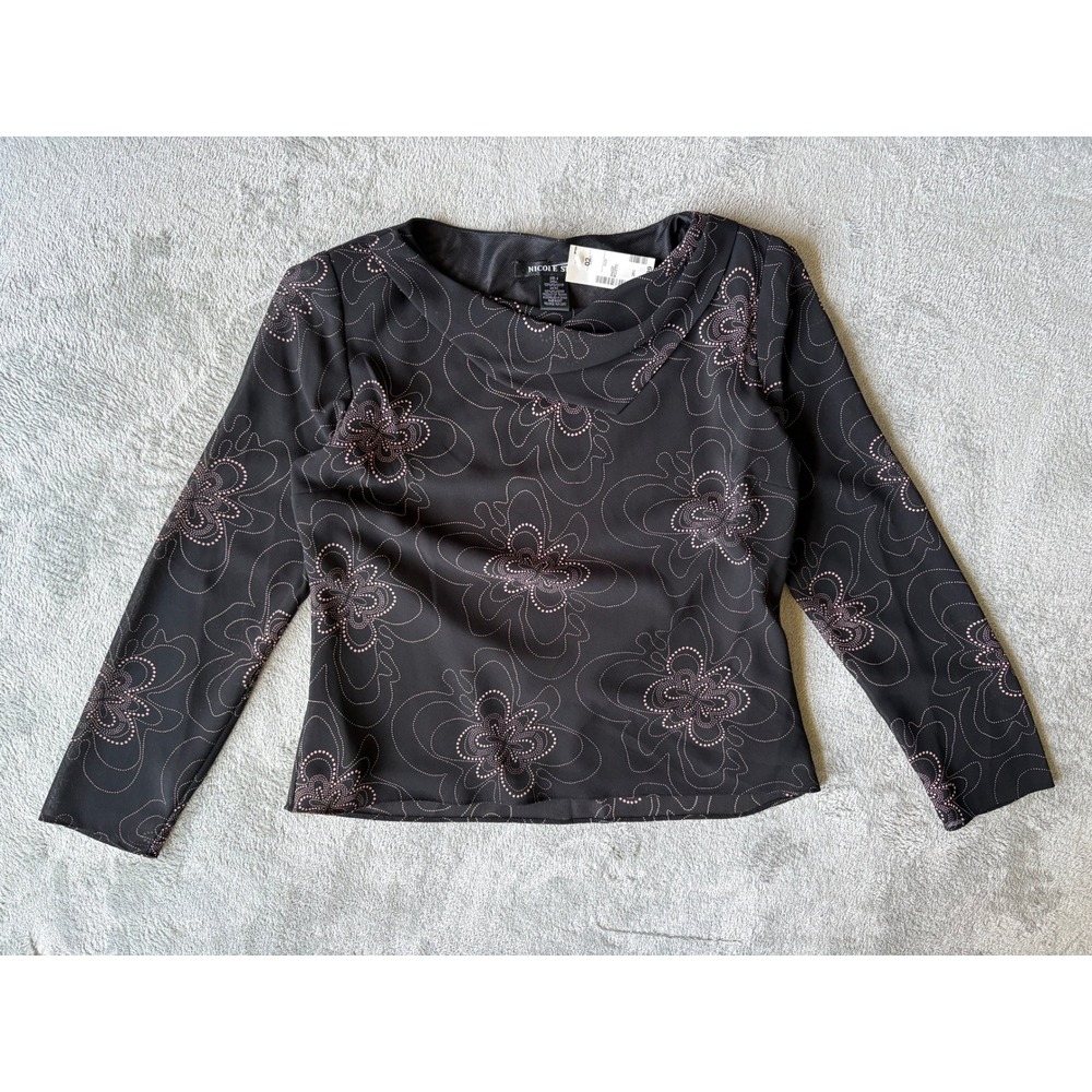 Vintage Y2K Nicole Studio Blouse 8 Black Pink Floral Cowl Neck Whimsigoth Sheer